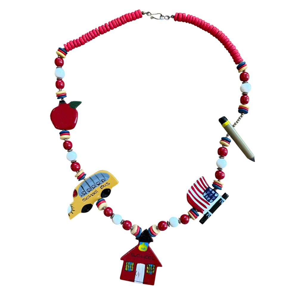 Vintage Teacher School Theme Beaded Necklace Wood Schoolhouse Bus Apple Pencil